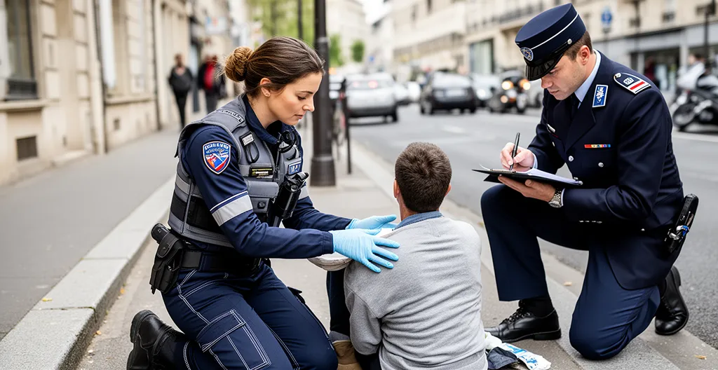 Scène d'assistance après un accident de la route montrant un piéton blessé accompagné de secouristes et d'un agent de police