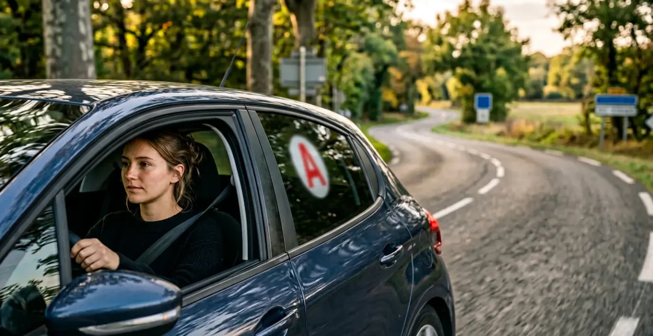 Jeune conducteur au volant avec disque A visible sur route française