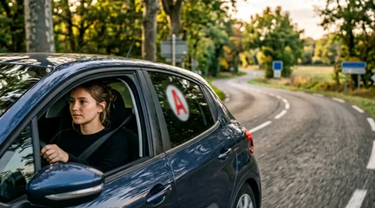 Jeune conducteur au volant avec disque A visible sur route française