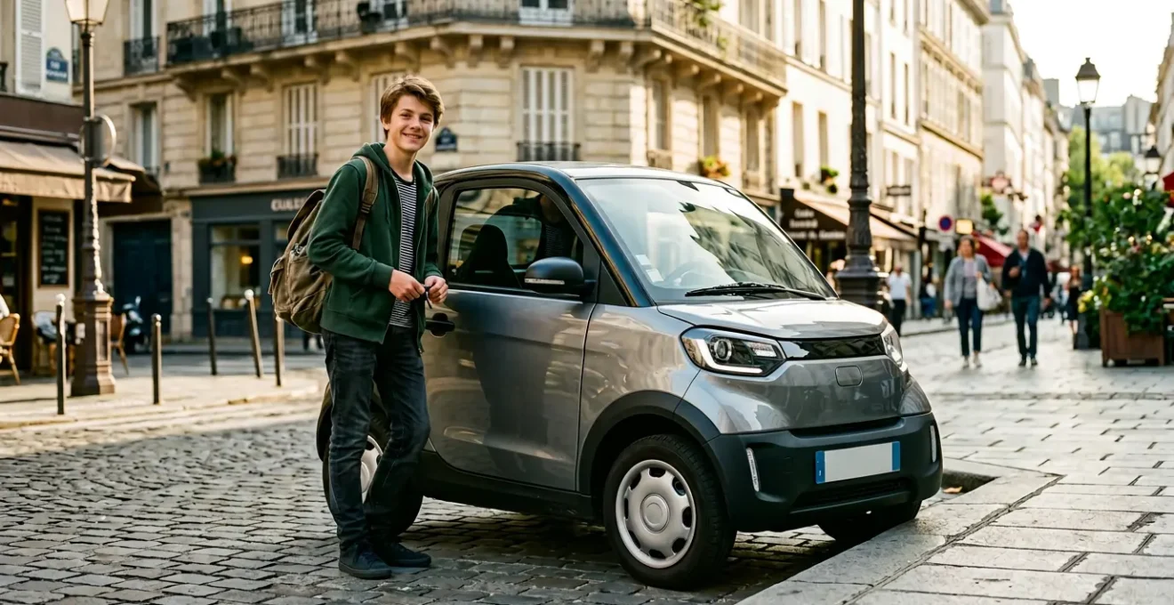 Jeune conducteur devant une voiture sans permis moderne en milieu urbain français