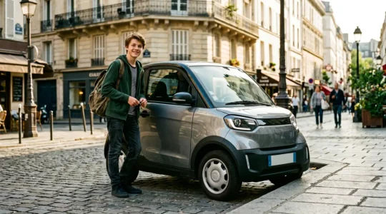 Jeune conducteur devant une voiture sans permis moderne en milieu urbain français