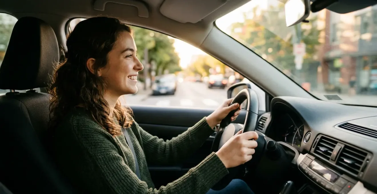 Jeune conducteur confiant au volant d'une voiture avec effet de mouvement