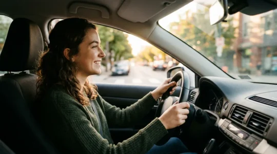 Jeune conducteur confiant au volant d'une voiture avec effet de mouvement