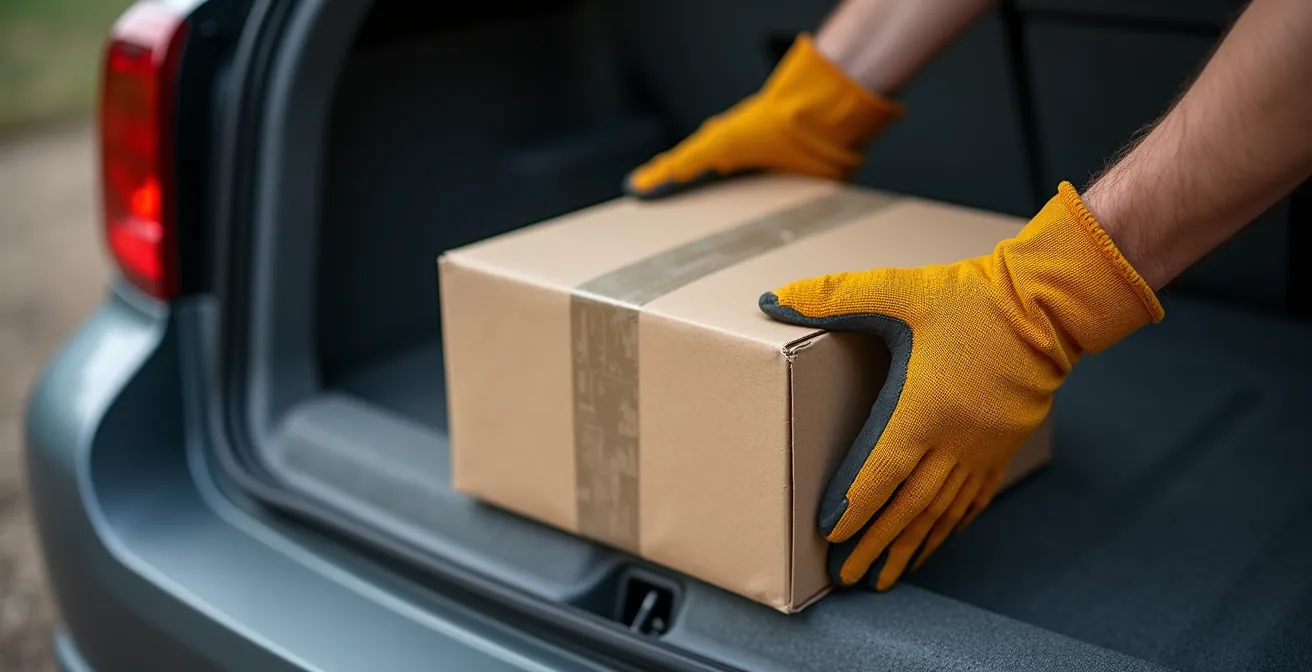 Auto-entrepreneur chargeant des colis dans son véhicule personnel pour des livraisons professionnelles