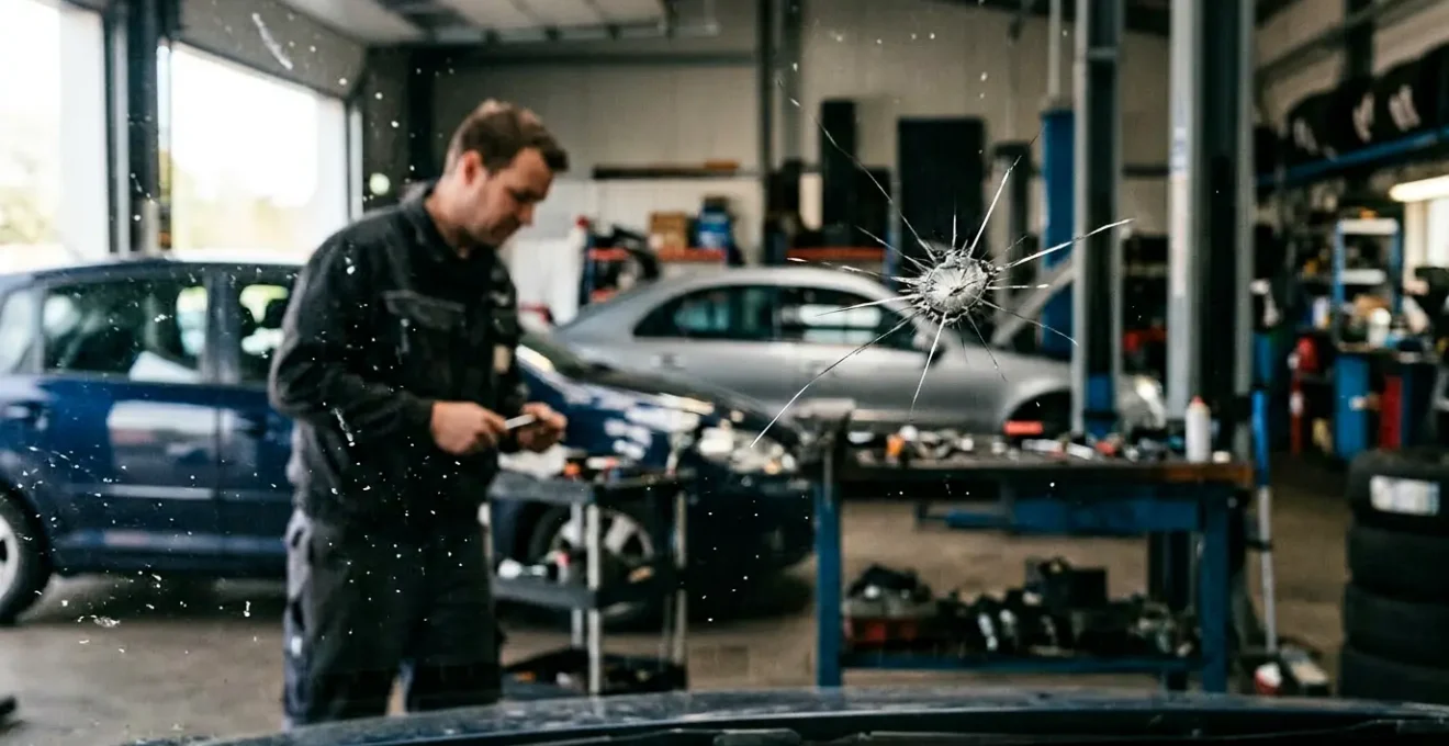 Vue rapprochée d'un pare-brise automobile avec un impact en étoile et un technicien en arrière-plan flou