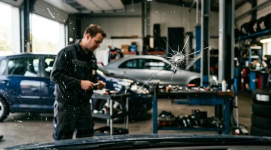 Vue rapprochée d'un pare-brise automobile avec un impact en étoile et un technicien en arrière-plan flou