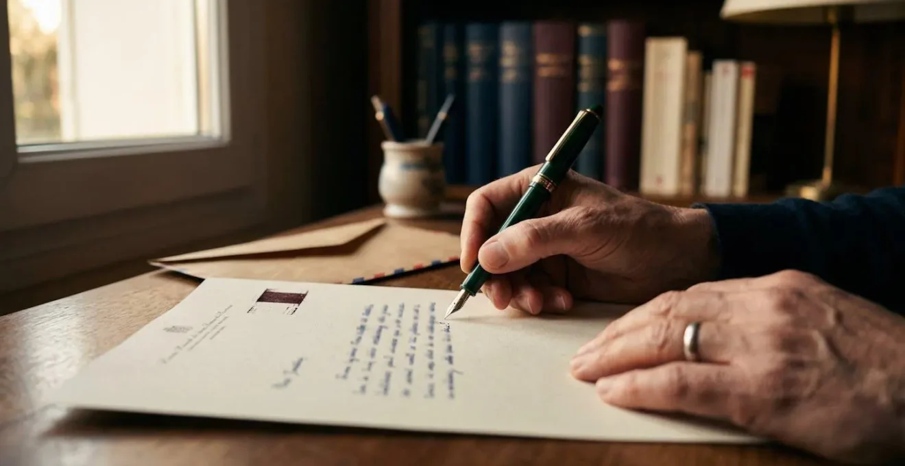 Processus de contestation administrative avec des mains écrivant une lettre formelle sur un bureau.