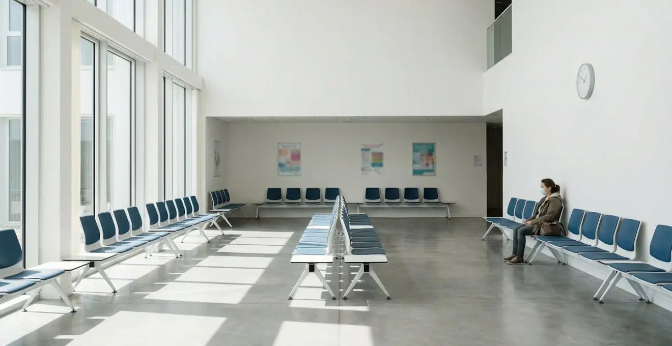 Vue large d'une salle d'attente médicale avec une victime d'accident en consultation