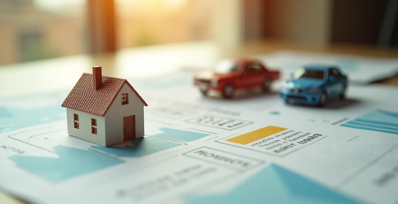 Composition visuelle avec maison et voiture miniatures sur documents abstraits d'assurance