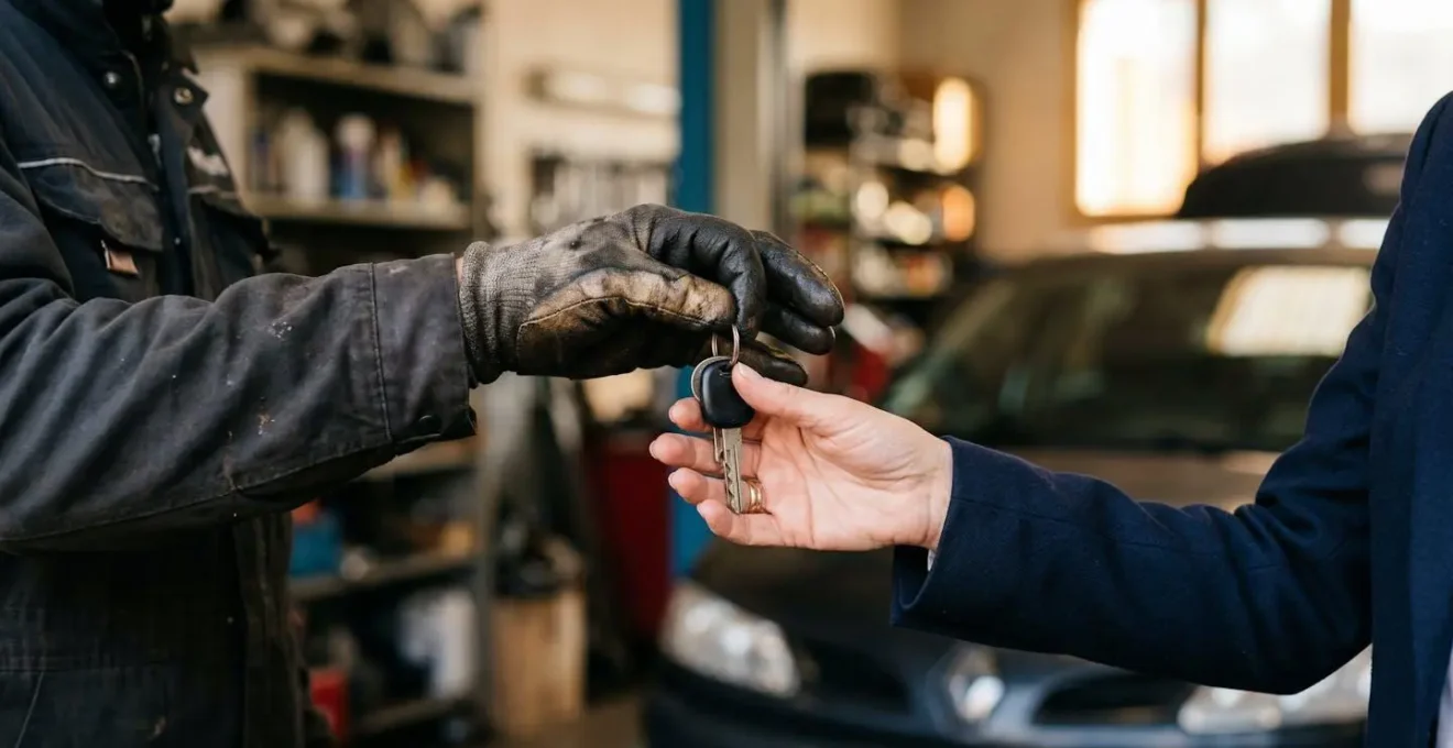 Échange de clés de voiture entre un garagiste et un client