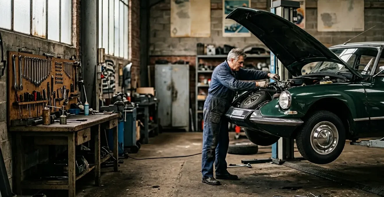 Atelier de restauration spécialisé avec une voiture de collection des années 70 en cours de réparation, mécanicien expérimenté travaillant sur le moteur