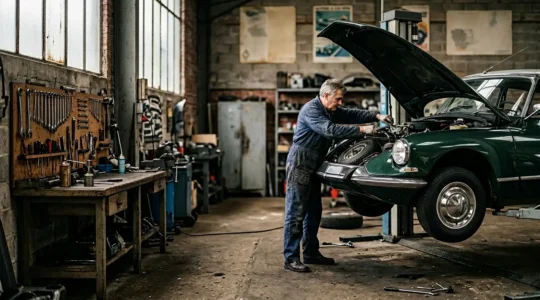 Atelier de restauration spécialisé avec une voiture de collection des années 70 en cours de réparation, mécanicien expérimenté travaillant sur le moteur