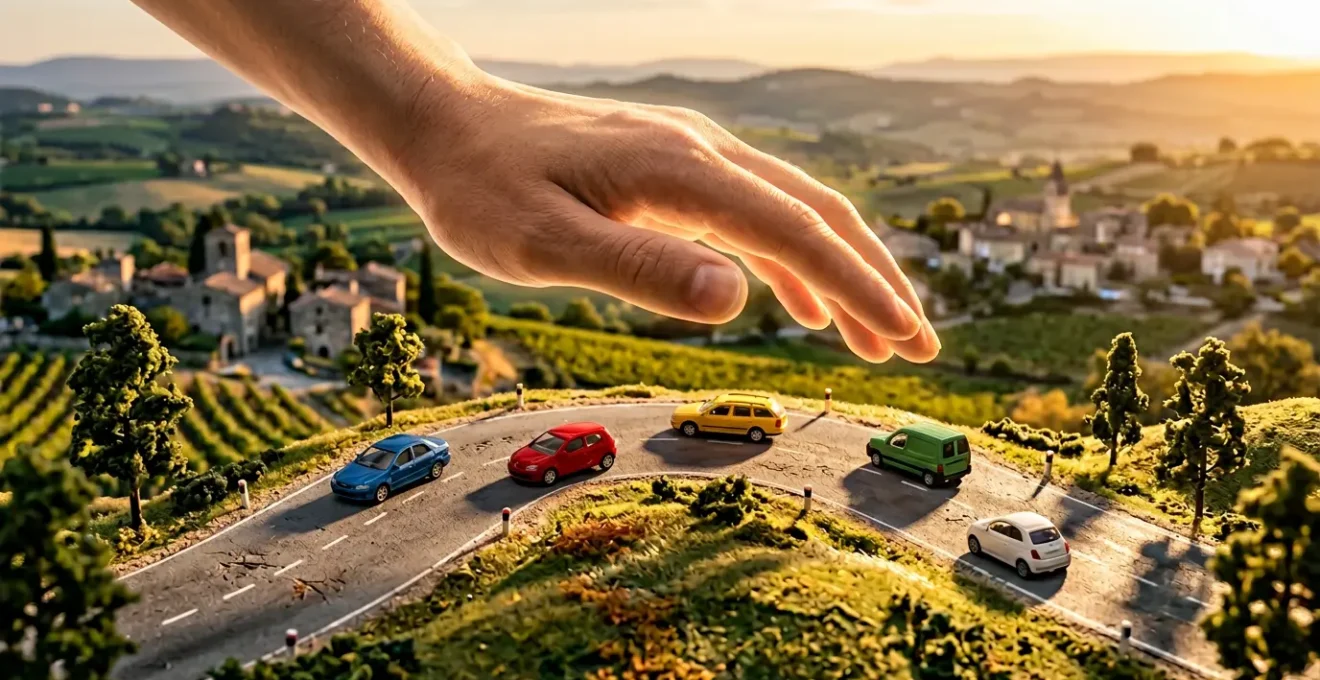 Une main protectrice au-dessus d'une route française avec voitures miniatures et symboles de solidarité