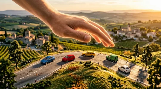 Une main protectrice au-dessus d'une route française avec voitures miniatures et symboles de solidarité