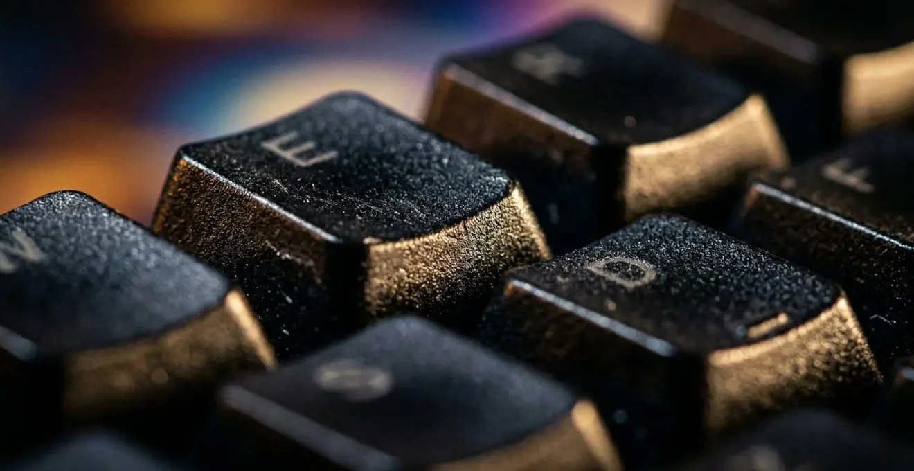 Vue macro d'un clavier d'ordinateur avec reflets lumineux abstraits