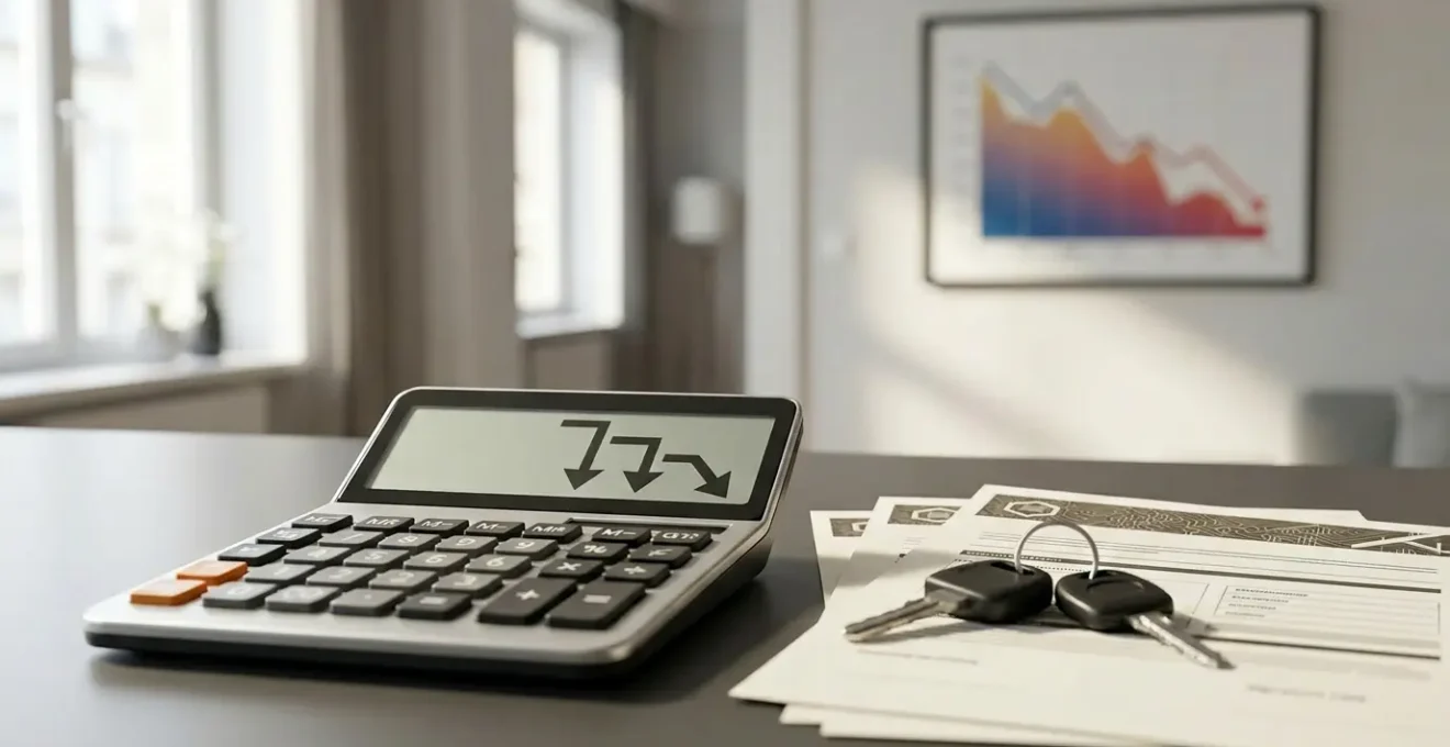Calculatrice posée sur documents d'assurance avec clés de voiture et baisse progressive de graphiques financiers