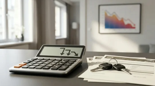 Calculatrice posée sur documents d'assurance avec clés de voiture et baisse progressive de graphiques financiers