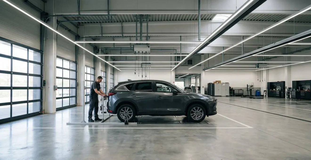 Technicien automobile effectuant un calibrage de caméra ADAS après remplacement de pare-brise