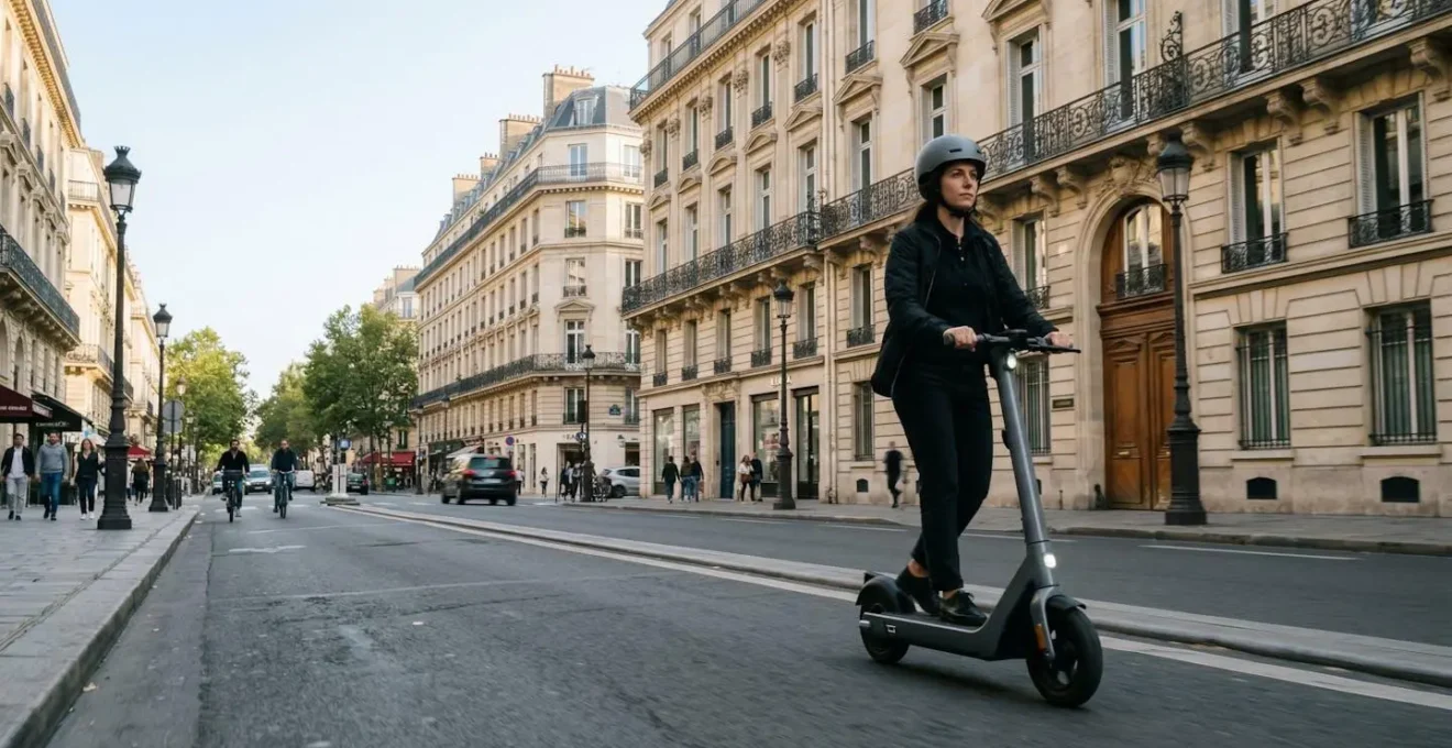 Trottinette électrique en circulation dans une rue française typique, illustrant le besoin d'assurance EDPM.