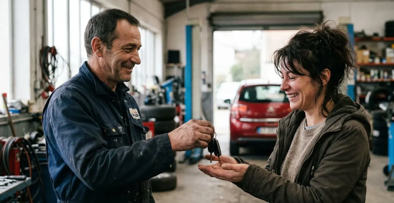 Garagiste remettant les clés d'un véhicule de courtoisie à un client dans un garage français moderne