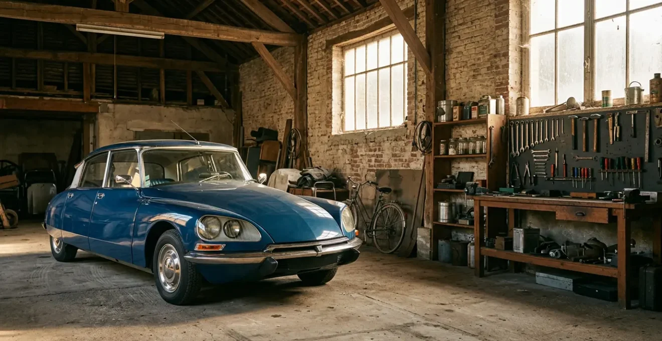 Véhicule de collection dans un garage préservé avec outils d'époque