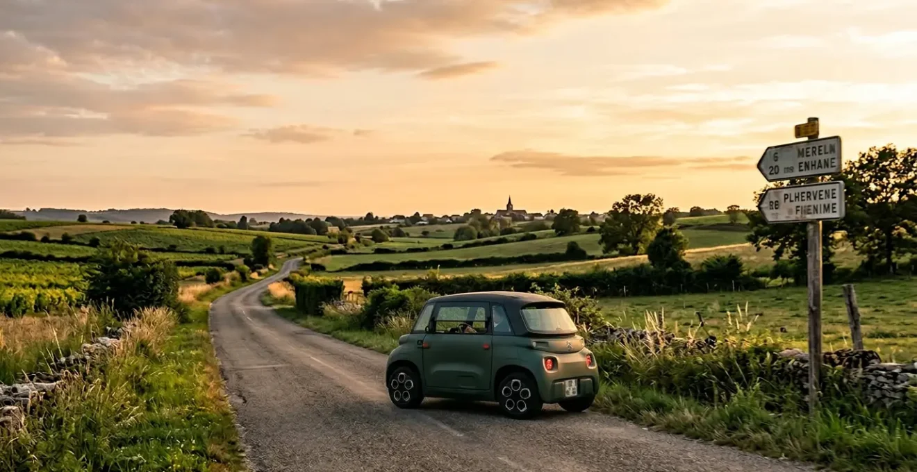 Voiture sans permis sur une route secondaire française avec signalisation routière