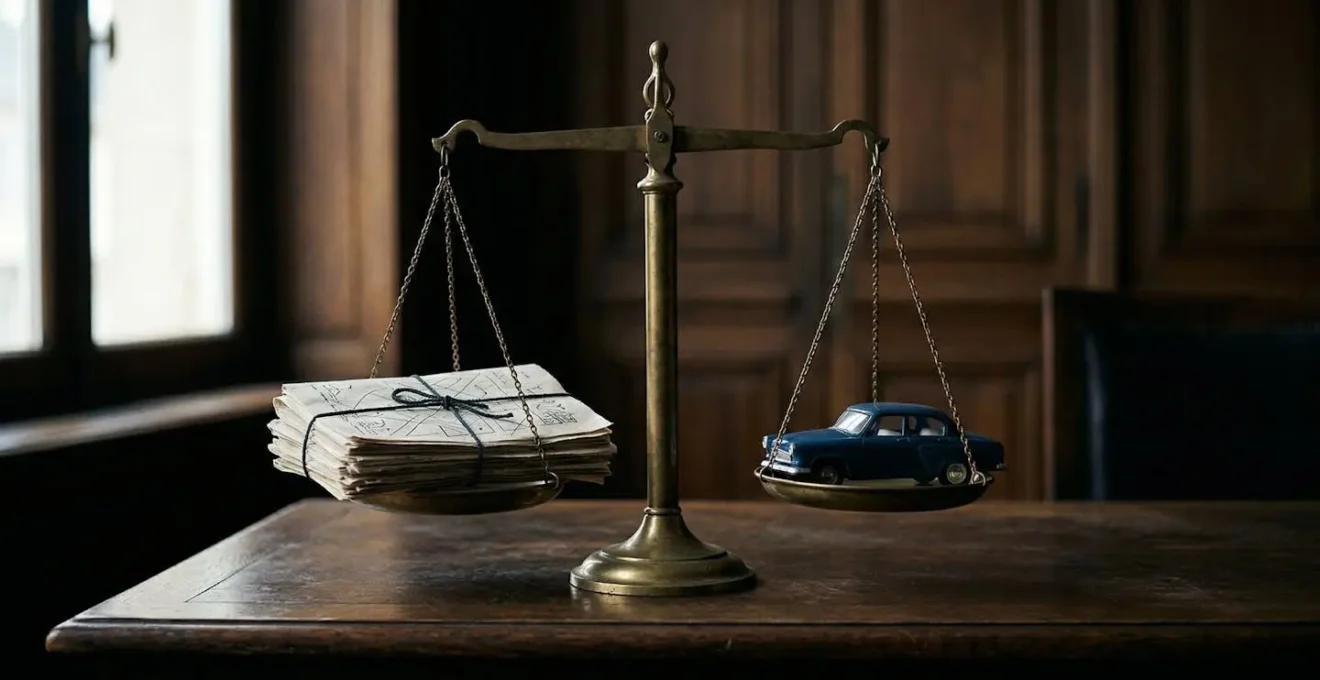 Balance de justice équilibrée avec dossiers d'assurance symbolisant l'évaluation du risque