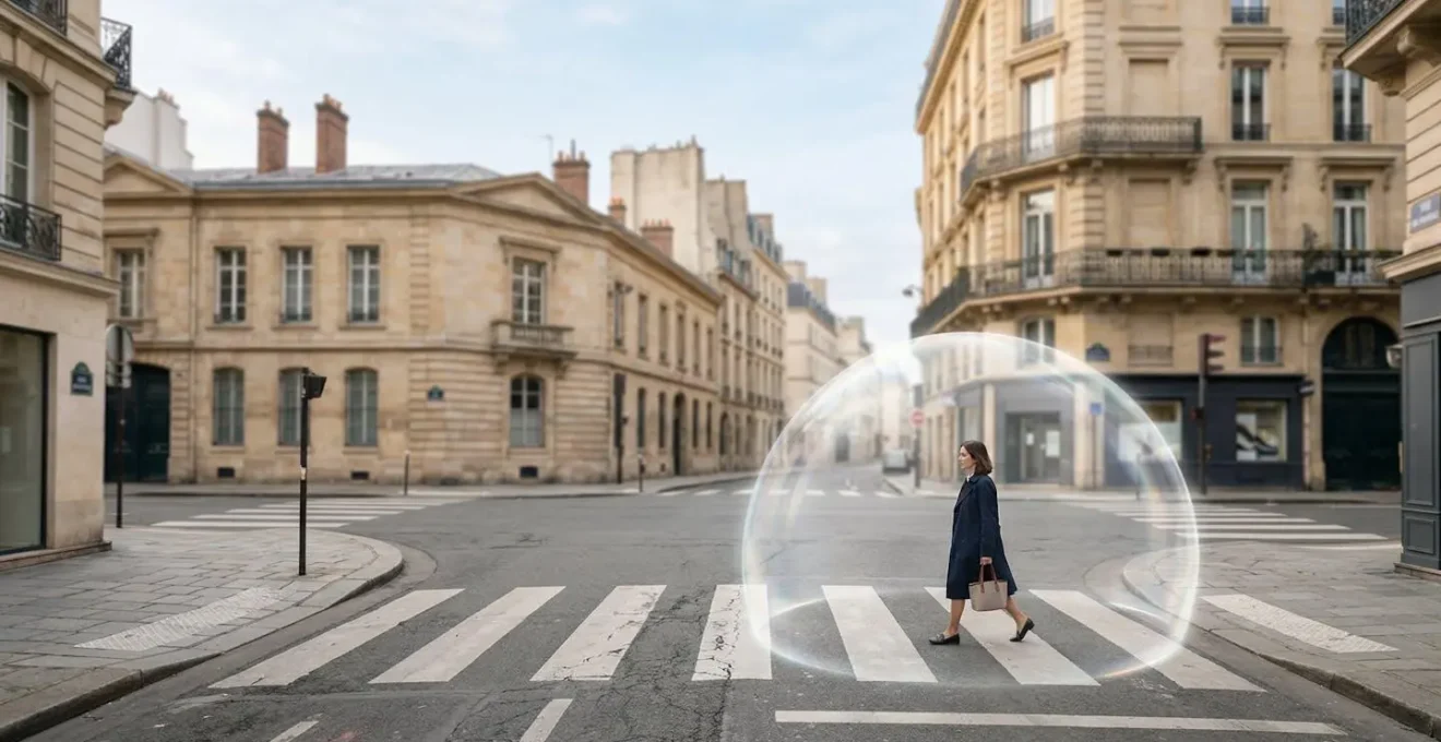 Piéton traversant une rue française protégé par un dôme transparent symbolisant la loi Badinter