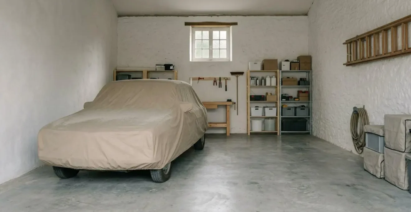 Vue large d'un garage avec une voiture couverte de poussière suggérant une faible utilisation