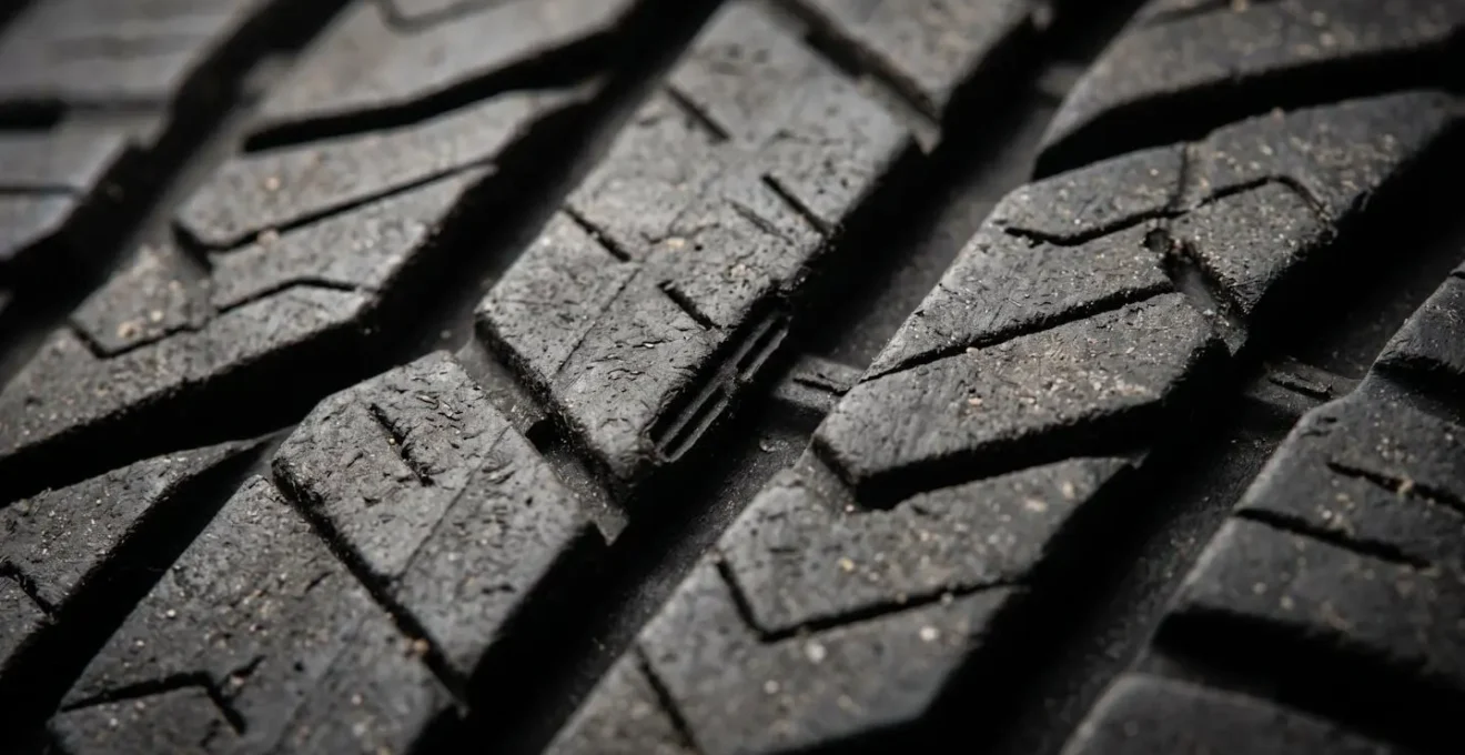 Gros plan macro sur la profondeur des rainures d'un pneu automobile