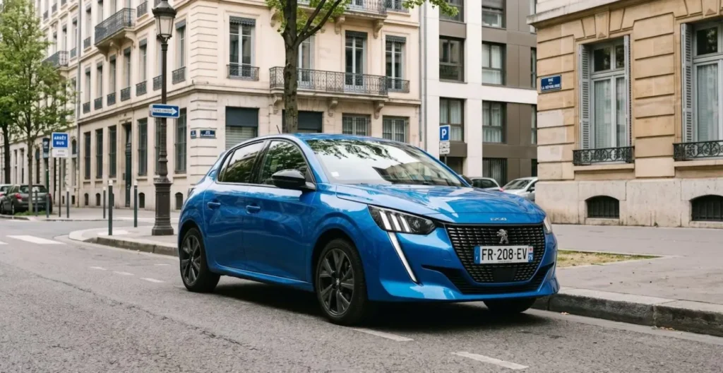 Peugeot e-208 électrique bleue garée sur un boulevard urbain français avec immeubles contemporains en arrière-plan et plaque d'immatriculation française visible Peugeot e-208 électrique bleue garée sur un boulevard urbain français avec immeubles contemporains en arrière-plan et plaque d'immatriculation française visible